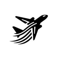 A minimalist black and white of an airplane in flight with stylized speed trails, evoking travel and aviation. vector