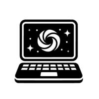 Minimalist Black and White Illustration of a Laptop Displaying a Swirl , with Stars and Dots, Representing Cosmic Data or Technology. vector