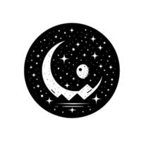 Black and White Celestial Circle Illustration Featuring a Crescent Moon, Stars, and a Circular Element, Suggesting Cosmic Harmony. vector