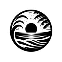 Black White Beach Scene in a Circle Sun setting over Ocean Waves with Palm Trees and Flying Birds, Illustration. vector