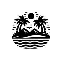 Monochromatic island landscape emblem with stylized palm trees, mountains, sun, birds, and ocean waves, set within a circular frame. vector