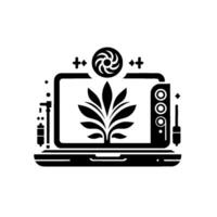 A stylized laptop featuring a plant growing from the screen, accompanied by computer components and connectors, rendered in a stark black and white . vector