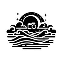 Stylized monochromatic illustration Camera silhouette atop stylized ocean waves and clouds, beneath a dotted arc and stars. vector