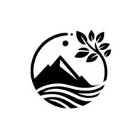 Monochromatic circular emblem with mountains, water, tree branch, sun, and leaf elements, representing natures harmony. vector