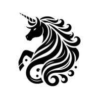 Black and White Silhouette of a Majestic Unicorn in a Prancing Pose with Flowing Mane and Detailed Horn, on a Clean White Background. vector