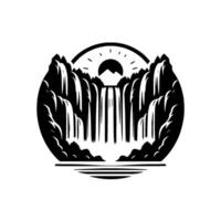 A monochromatic scenic waterfall enclosed within a circular frame featuring mountains, sun, and flowing water, creating a minimalist natural scene. vector