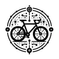 Minimalist Black Bicycle Within a Circular Ornamental Frame Decorated With Geometric Icons on a White Background. vector