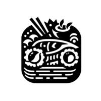 Black and white square composition featuring an abstract sushi arrangement with chopsticks, floral elements, and stylized fish motifs. vector