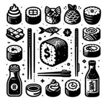 Monochromatic Sushi Arrangement Diverse Icons of Japanese Cuisine, Chopsticks, and Condiments, in a Simple, Stylish Composition. vector