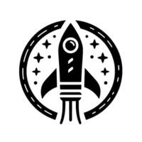 Black and White Silhouette of a Retro Rocketship Inside a Ring of Stars, Representing Space Exploration and Adventure. vector