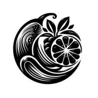 A symmetrical black and white circular depicting a citrus fruit slice with leaves and decorative swirls, evoking a sense of balance and elegance. vector