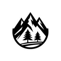 Stylized Black and White Mountain and Pine Tree in Teardrop Shape, Depicting Nature and Adventure. vector