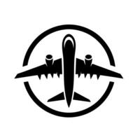 Minimalist black airplane inside a circle on a clean white background, representing flight, travel, and aviation. vector