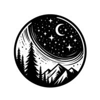 A serene black and white circular illustration depicting a mountain scene at night, with the moon and stars above tall trees, and a simple, elegant style. vector