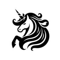 Graceful Unicorn Silhouette A Black and White Emblem with Flowing Mane, Pointed Horn, and Arched Neck on a Plain White Background. vector