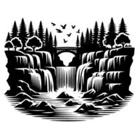 Monochrome silhouette of a cascading waterfall with bridge, forested cliff, flowing water, birds, and natural scenery. vector