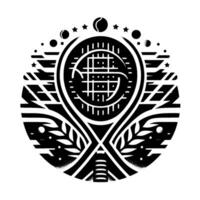 Monochrome Tennis Emblem with Cosmic Elements, Racket Illustration in a Circular . vector