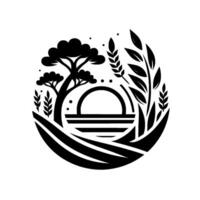 Serene black and white minimalist circular illustration showcasing a stylized sunset over a field, with tree and crops. vector