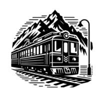 A stylized black and white train illustration, with mountains in the background, on a railway, with a lamppost. vector