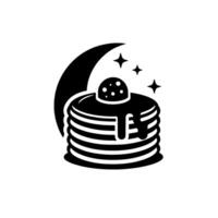 Black and White Pancake Stack with Syrup, Topped with Sprinkles, Under a Crescent Moon and Stars, Nighttime Dessert. vector