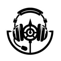 Black and white illustration Gaming headset over a target reticle and microphone with a compass element, on a white background, minimalist . vector