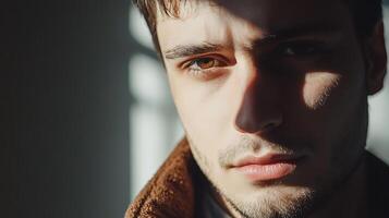 Portrait of a young man with a serious expression partially illuminated by sunlight creating dramatic shadows on his face photo