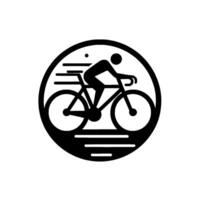 Minimalist black and white circular depicting a cyclist riding a bicycle, surrounded by speed lines and a single dot, symbolizing motion. vector