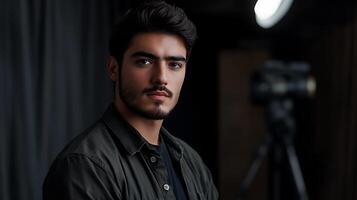 Portrait of a young man with a camera visible in the background showcasing professional photography or content creation photo