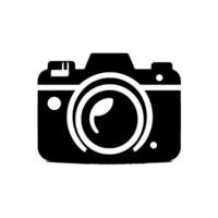 Minimalist black and white of a DSLR camera with a subtle shadow effect, centered against a gradient white background. vector