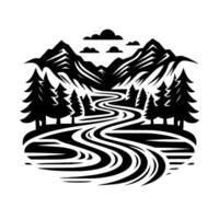 Black and white stylized nature illustration featuring mountains, river, trees, and clouds creating a scenic, minimalist . vector