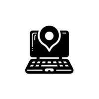 Black and White Silhouette of a Laptop with a Location Pin Symbol Overlay, Representing Navigation. vector