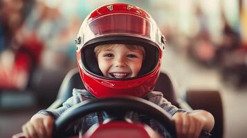Joyful Kid at the Wheel A young child beams while driving red helmet adding to the fun capturing a moment of youthful excitement photo