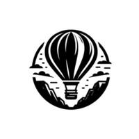 Stylized Black and White Hot Air Balloon Floating Above Mountain Range Enclosed in a Circular Frame, Clean Minimalist . vector