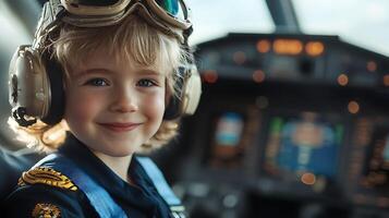 Young boy dressed as an aviator in a plane cockpit with goggles and headset beaming with joy and excitement for his future flight photo