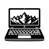 Black and White of a Laptop Displaying Mountain Peaks, With Directional Arrows Above Keyboard. vector