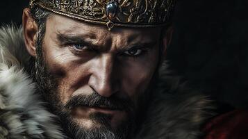 An intense close-up of a bearded man wearing a decorative crown conveying power determination and a commanding presence photo