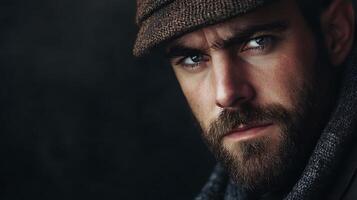Intense gaze of a man in a cap captured in a dramatic portrait The dark background accentuates his sharp features photo