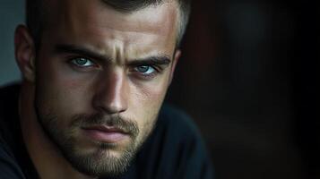 Intense gaze of a man with a beard looking directly at the viewer with furrowed brows capturing a moment of profound emotional depth photo