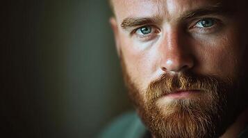 Focused man with auburn beard and piercing gaze Dramatic lighting enhances his features capturing a moment of thoughtful introspection photo
