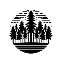 Black and White Silhouette of a Forest within a Circle Depicting Pines, Clouds, and Atmospheric . vector