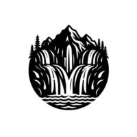 Minimalist Black and White Mountainous Waterfall Scene Enclosed in a Circular Border, Featuring Pine Trees and Flowing Water. vector