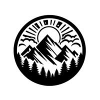 Monochromatic emblem of a mountain scene inside a circle, featuring snowcapped peaks, a sunburst, pine trees, and a minimalist aesthetic. vector