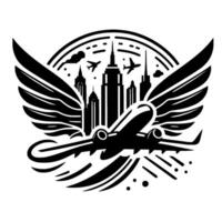 Monochromatic Emblem Airplane soaring above stylized NYC skyline with wings, cloud and planes within a circle. vector