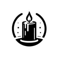 A stylized, monochromatic illustration of a lit candle within a circular frame, with simple details and a minimalist aesthetic. vector