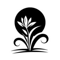 A minimalist black and white floral featuring a flower with delicate petals emerging from stylized foliage, silhouetted against a bold circular backdrop. vector