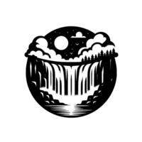 A stylized black and white illustration within a circle, showcasing a waterfall cascading under a moonlit, cloudy night sky, and a forest silhouette. vector