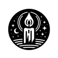 Celestial Candle Monochrome of a burning candle set within a circle, adorned with stars, crescent moon, and nightsky ambiance. vector