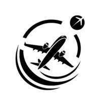 A minimalistic monochrome illustration of a jet airliner within a circular travel , symbolizing flight and global movement. vector