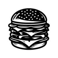 Bold Black and White of a Delicious, Oversized Burger with Multiple Layers of Ingredients, Isolated on White. vector