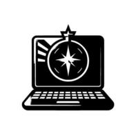 Sleek, monochrome laptop featuring a compass rose and a star, representing digital navigation. vector